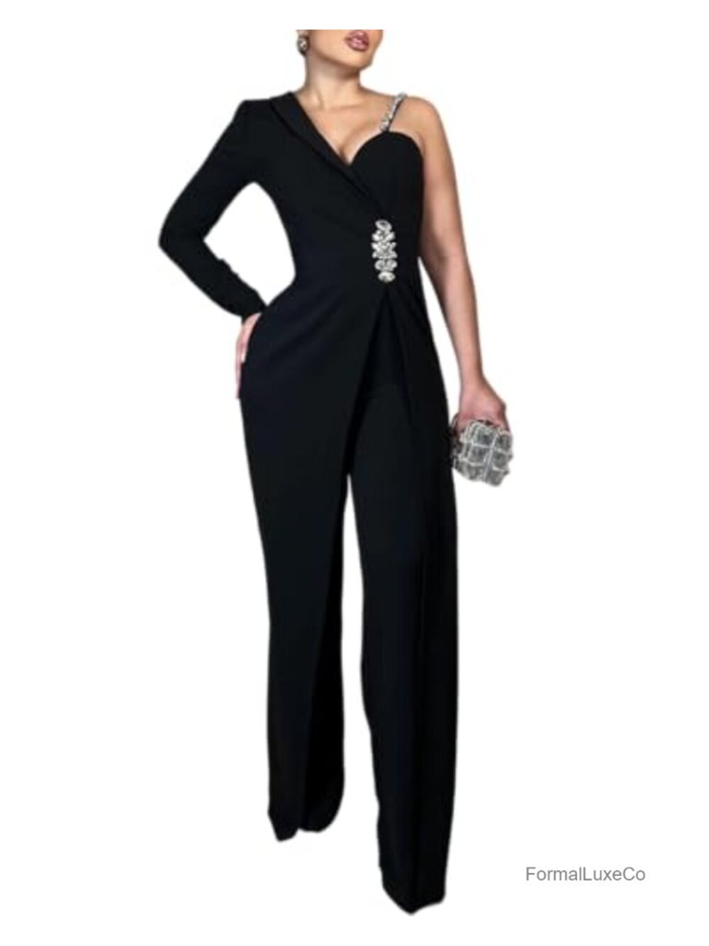 One Shoulder Rhinestone Wide Leg Jumpsuit Dressy Evening Party